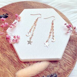 New Chain Drop Earrings with Moon and Star Charms | Handmade in BC